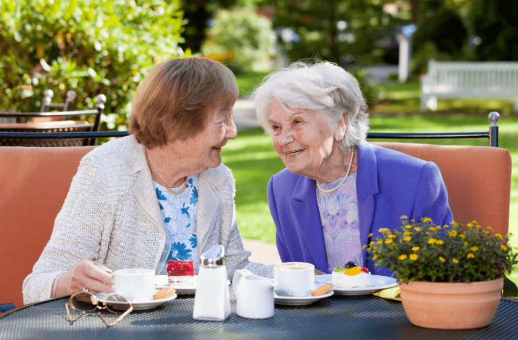 Two senior ladies having a chat over desserts in a yard with plants and green grass.
